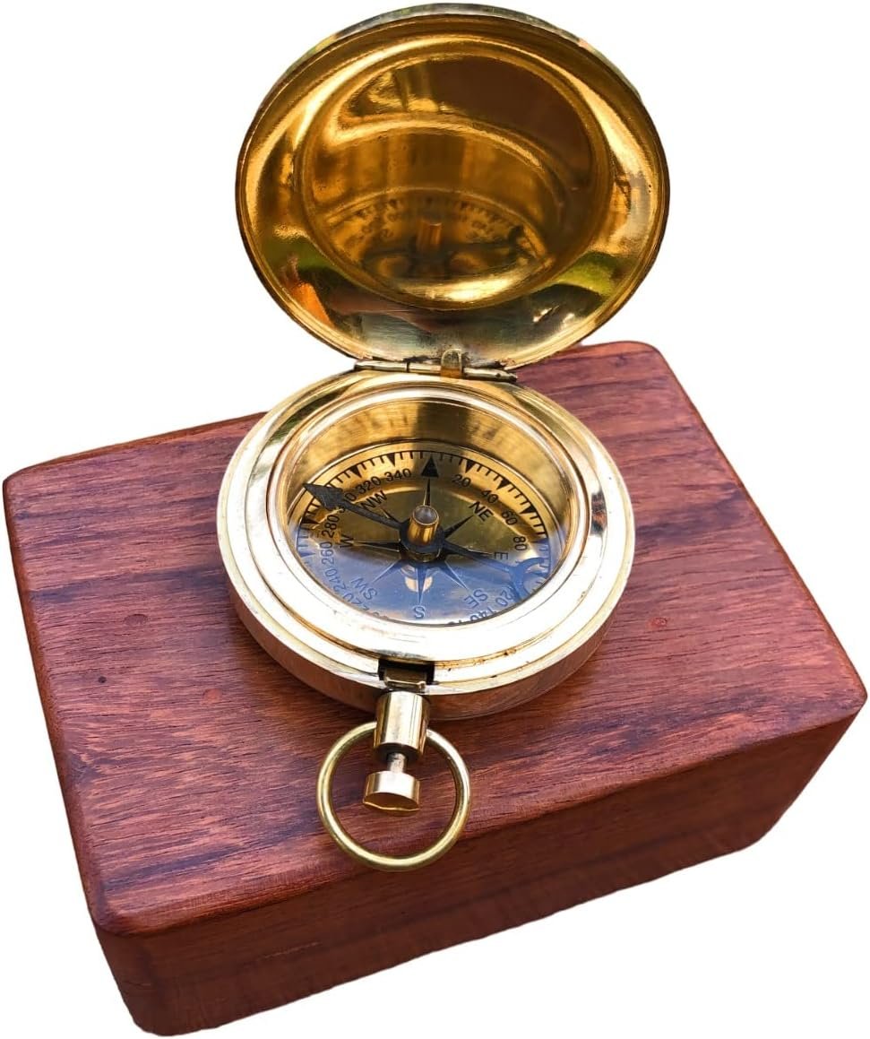 61HOgYSFDVL._AC_SL1280_.jpg Brass Compass Push Button Engravable Direction Pocket Compass - Image 1