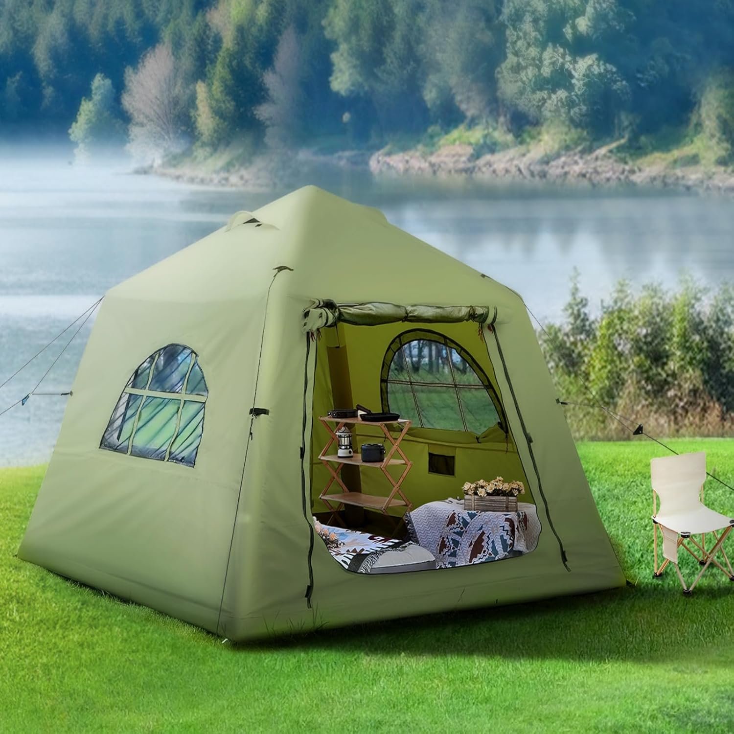 717qwXXLKZL._AC_SL1500_.jpg Upgraded 100% Waterproof Inflatable Camping Tent, Large Blow-Up Air Tent, No Assembly Needed Luxury Glamping House, Oxford Fabric - Image 1