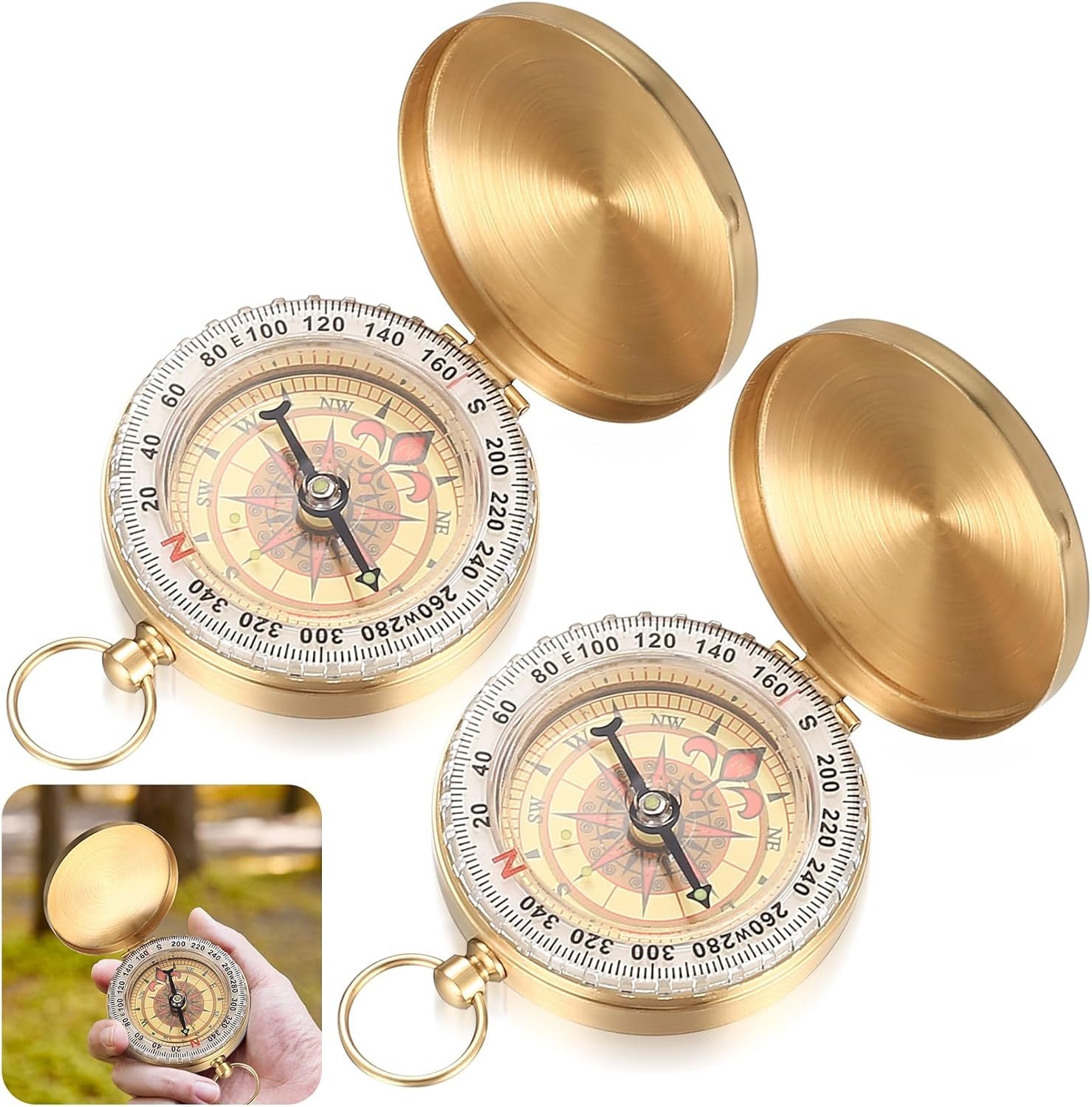 71Nwj-rCZ6L._AC_SL1500_.jpg Pack of 2 Outdoor Compass, Portable Waterproof Pocket Compass, Portable Brass Compass with Luminous Numbers for Outdoor Activities, Camping, Hiking, Climbing, Navigation (Golden) - Image 1