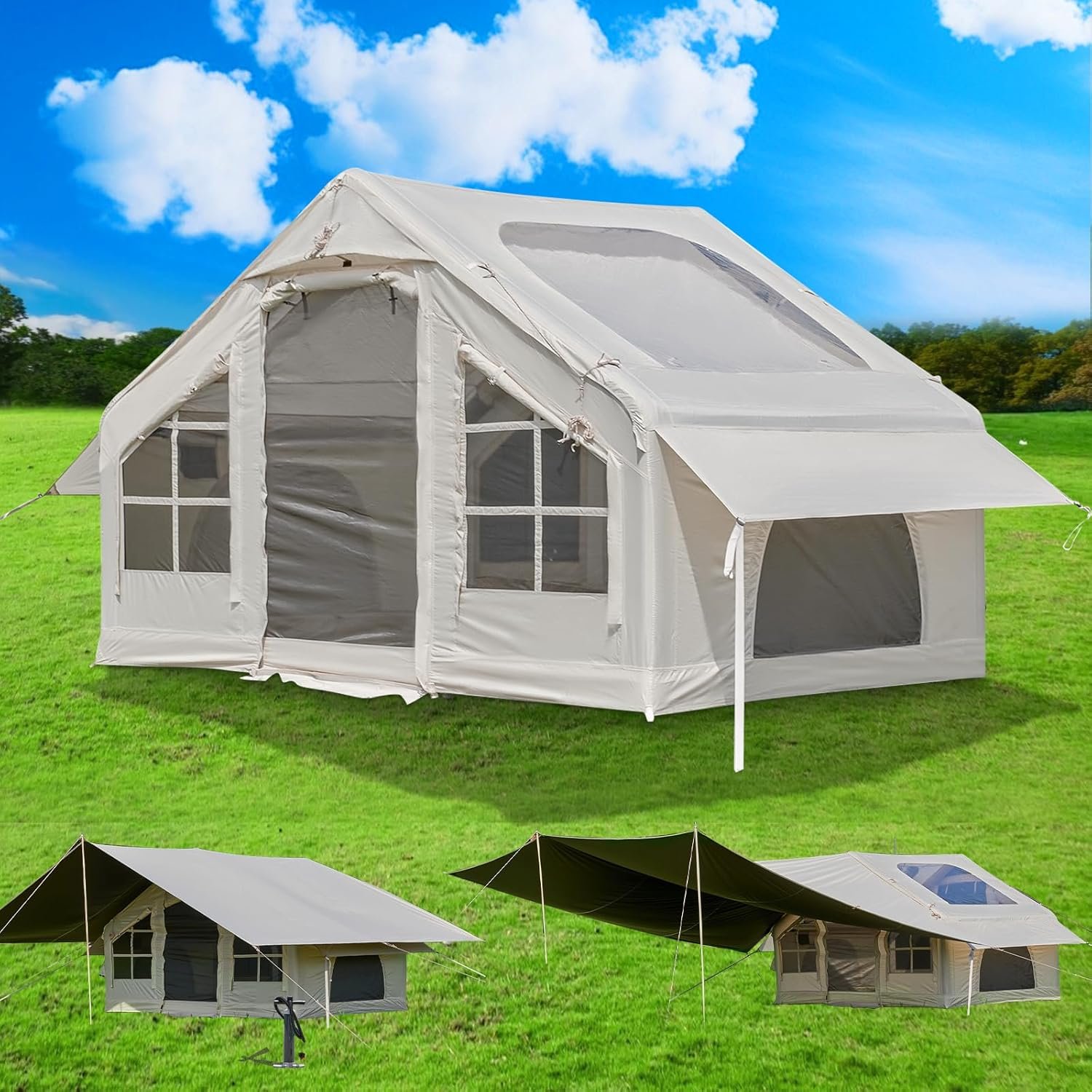 81HeTMBKbKL._AC_SL1500_.jpg Inflatable Tent with Pump, 2-4-6 Person Instant Glamping Camping Tents House, Easy Setup Blow Up Family Tents for 4 Seasons Waterproof Inflatable Tent for Camping with Mesh Windows. - Image 1